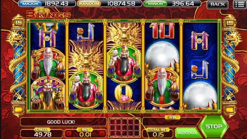 3 Kings slot title art with three Chinese kings in ornate robes