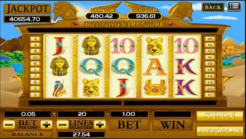 Boy King's Treasure slot reels with the golden Boy King and snake symbols