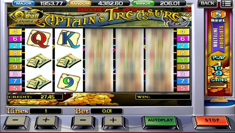 Captain's Treasure reels with pirate loot symbols across five reels
