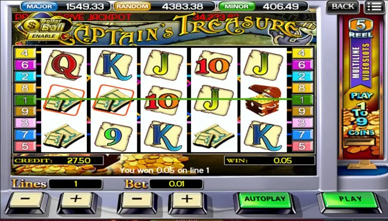 Captain's Treasure spin controls and 20-line bet panel
