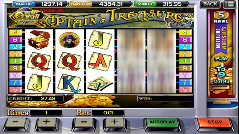 Paytable page for Captain's Treasure showing pirate symbol values