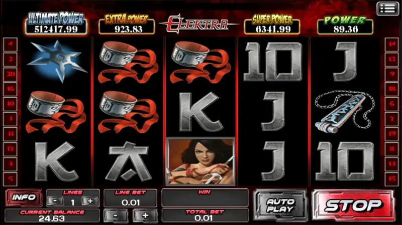 Elektra slot artwork showing the Marvel heroine with her twin sai