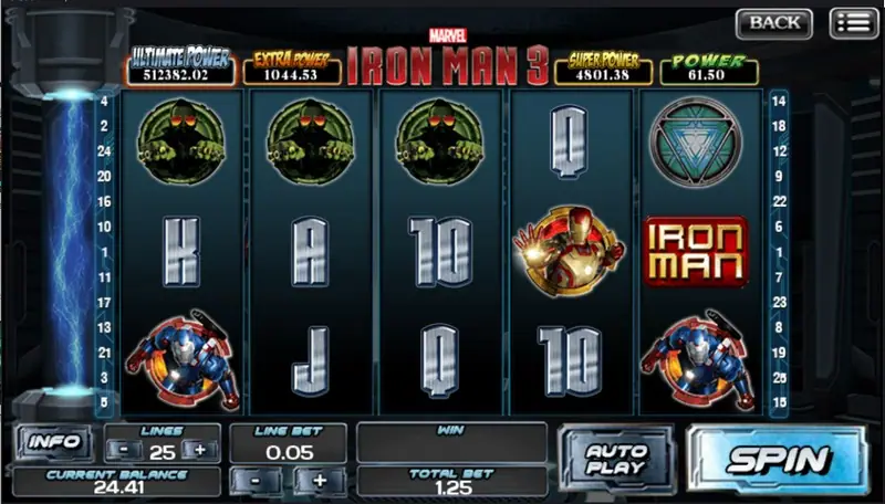 Iron Man 3 reels with character symbols across the grid