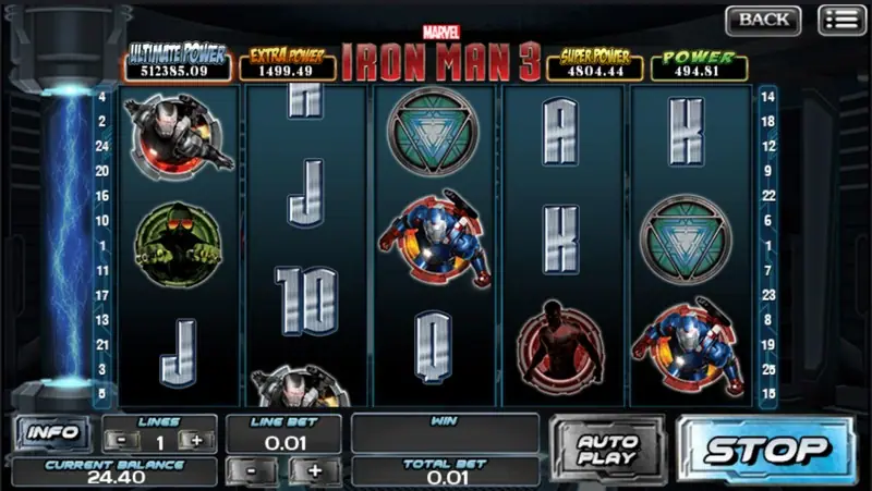 Iron Man 3 spin screen with bet and spin controls along the bottom