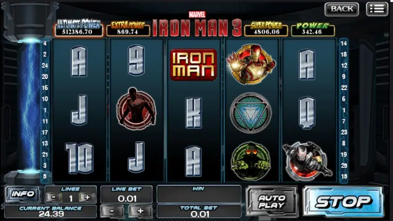 Iron Man 3 winning line highlighted on the reels