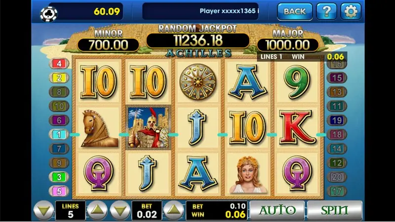 Achilles paytable showing symbol values and the progressive jackpot