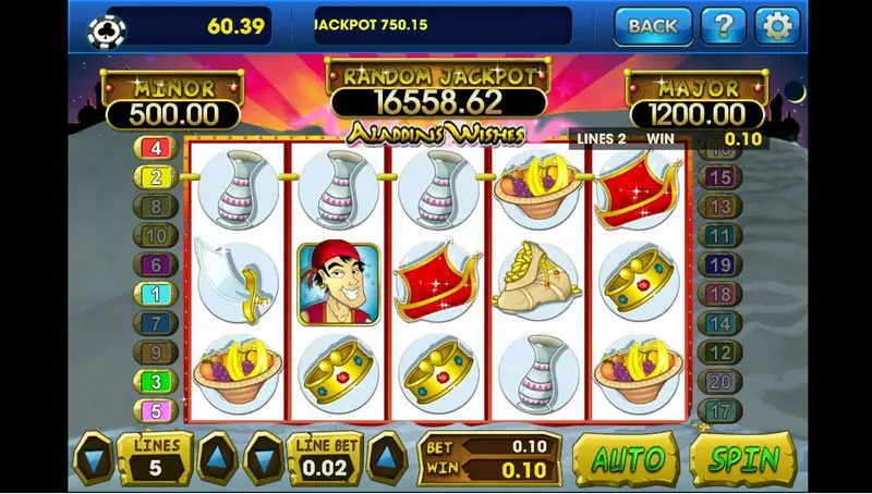 Aladdin's Wishes game screen showing the progressive jackpot amount