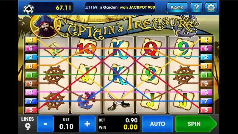 Captain's Treasure reels with the captain wild landing mid-spin