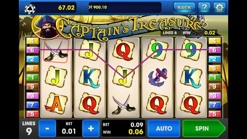 Captain's Treasure paytable listing the pirate and treasure symbols