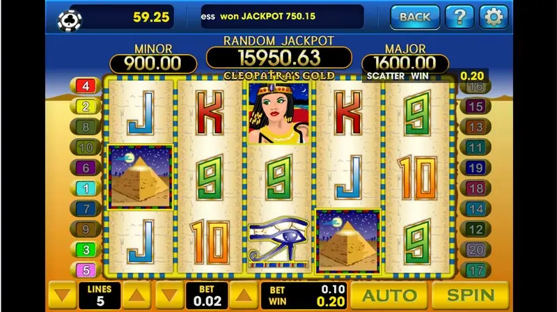 Cleopatra's Gold paytable with the pyramid scatter and payline map
