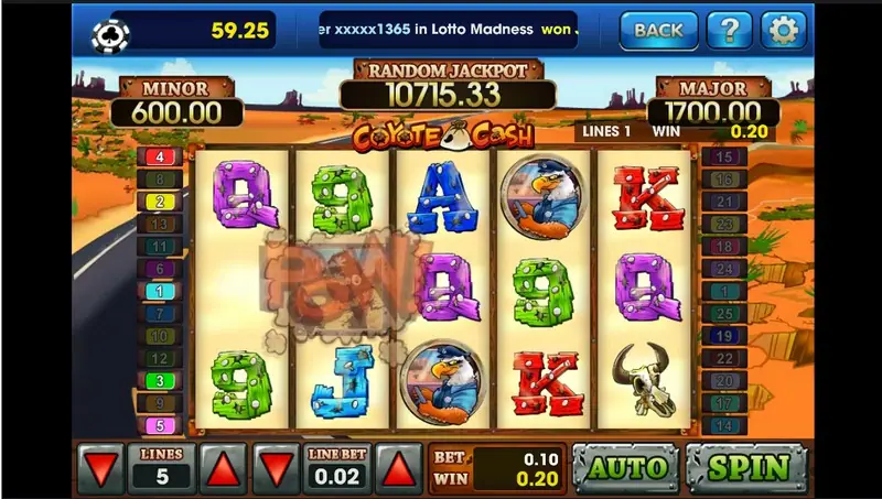 Coyote Cash paytable screen with symbol values and features