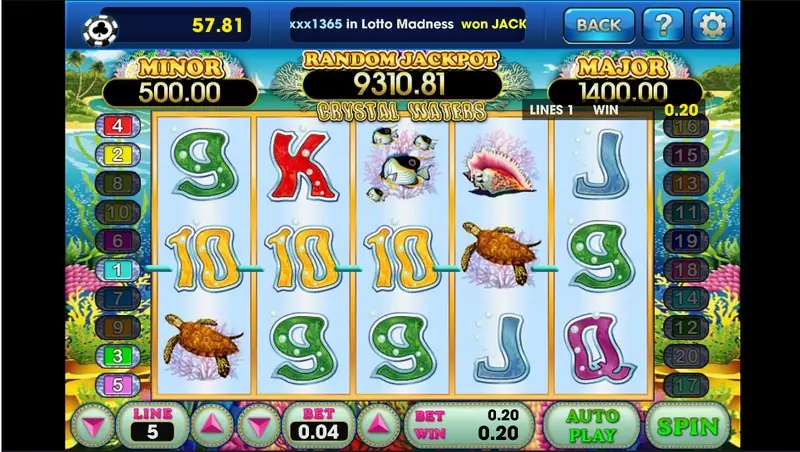 Crystal Waters bet controls and paytable screen