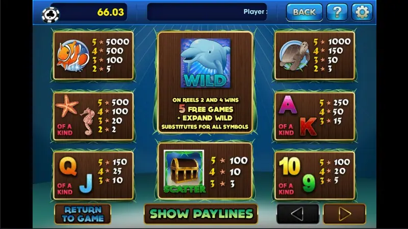 Dolphin Reef 20-line slot on 3Win8 with coral reef sea creatures