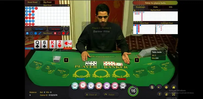 Ezugi baccarat betting screen with Player, Banker and Tie areas
