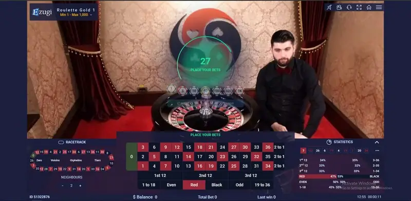 Ezugi live roulette wheel with dealer and betting layout