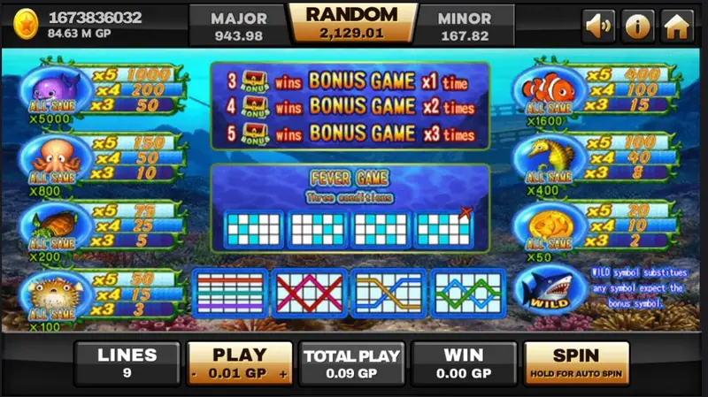Ocean Paradise bet controls and spin button