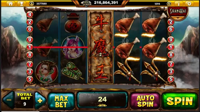 Evil King Ox reels showing the magic-themed symbols across the nine lines