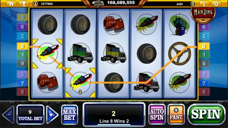 Highway Kings reels with coloured trucks, pistons and petrol pumps