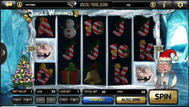 Jingle Winnings five reels with snowmen, bells and candy canes