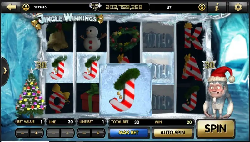 Jingle Winnings bonus screen with Christmas decorations on Live22