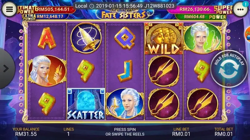 Age of the Gods Fate Sisters slot with goddesses and gold scrollwork