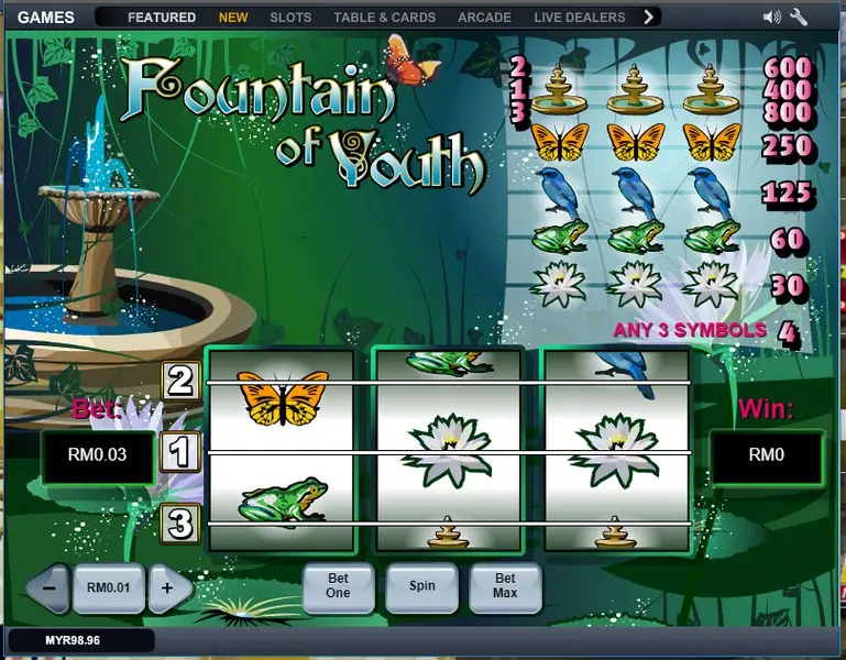 Fountain of Youth three-reel slot with water and nature symbols