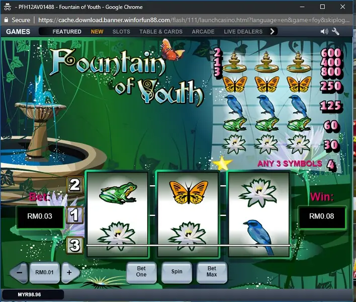 Fountain of Youth reels with butterfly, water lily and bird symbols