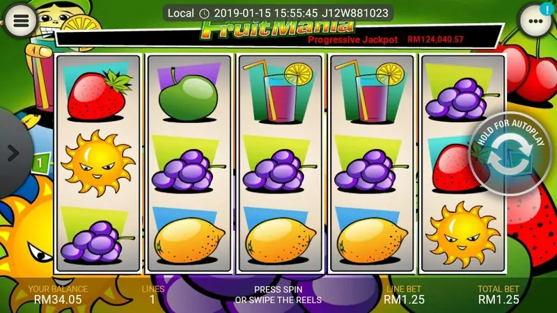 Fruit Mania bright retro display during a spin