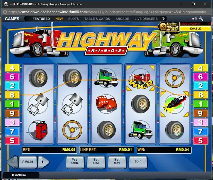 Highway Kings paytable showing the three truck symbol values