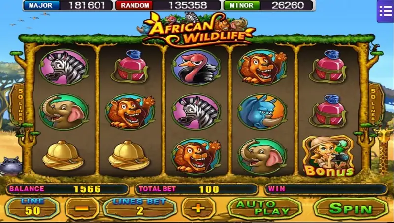 African Wildlife slot reels set against an African savannah backdrop