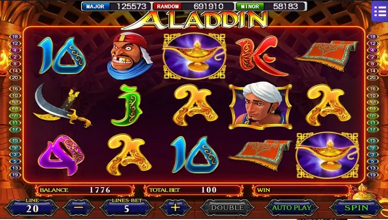 Aladdin's Wishes slot with Aladdin and the genie beside the reels