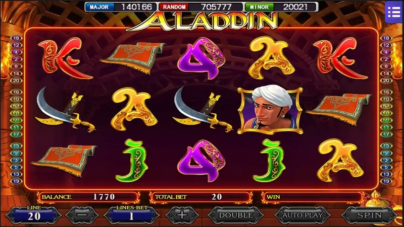Aladdin's Wishes bet controls and spin button on a mobile screen
