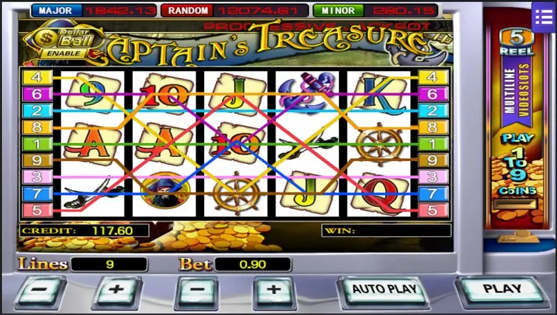 Captain's Treasure pirate slot with a treasure chest beside the reels