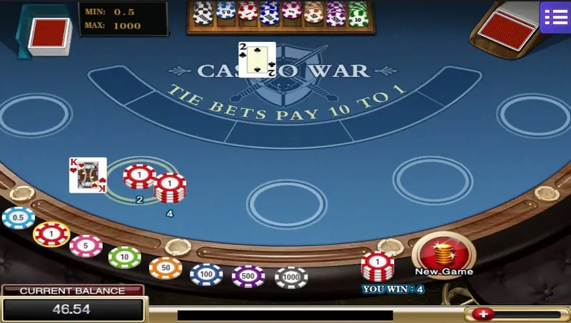 Casino War result screen after a tie is resolved