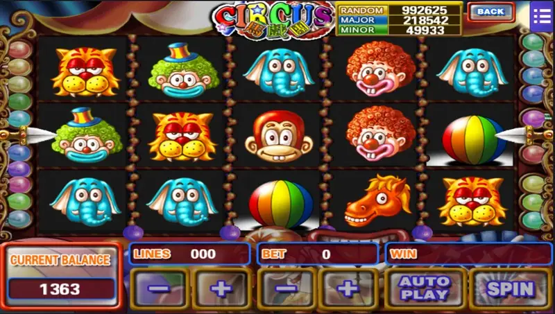 Circus slot reels under a red and white big top tent