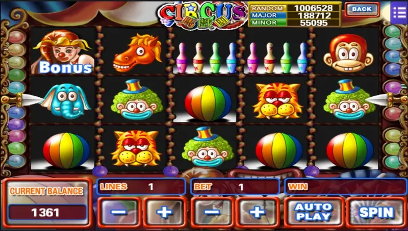 Circus jackpot card game with face-down cards to pick