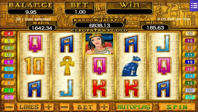 Cleopatra's Gold slot with Cleopatra beside the Egyptian-themed reels