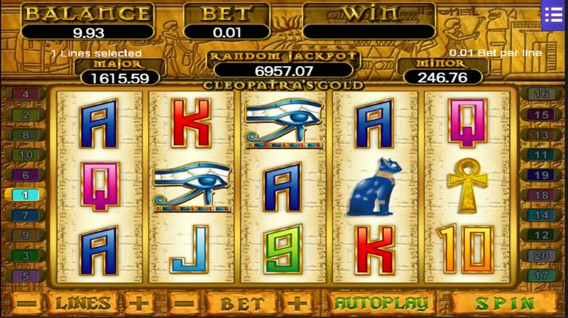 Cleopatra's Gold mobile layout with bet and spin buttons