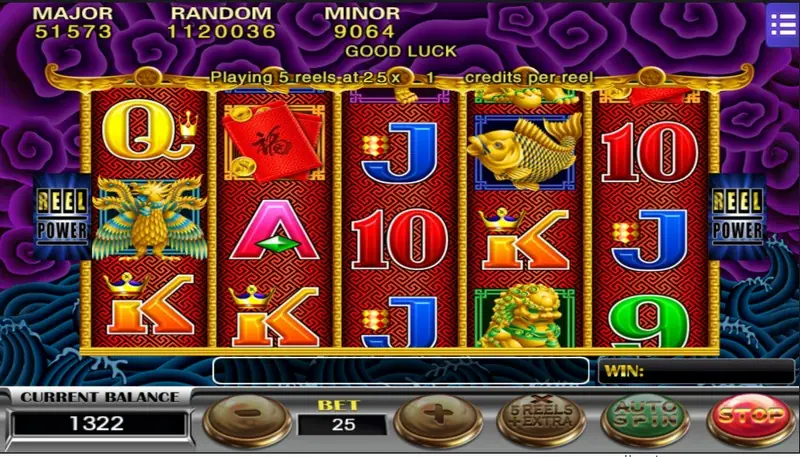 Five Dragons 5x3 reel grid with dragon symbols