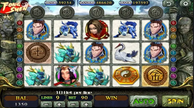 Fong Shen slot reels with the yin yang wild and Chinese characters
