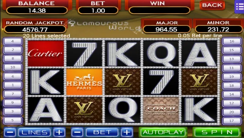 Glamorous World slot reels with jewellery and fashion symbols