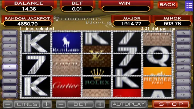 Glamorous World paytable with symbol values