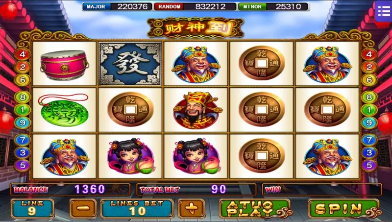 God of Wealth slot reels on Mega888 with a garden backdrop