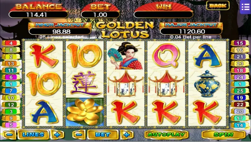 Golden Lotus five-reel slot with white and gold lotus flowers
