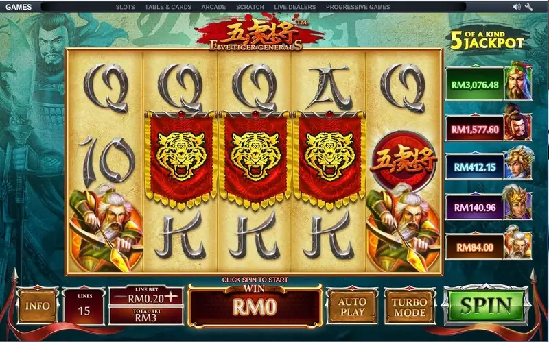 5 Tiger General slot with five Chinese generals above the reels