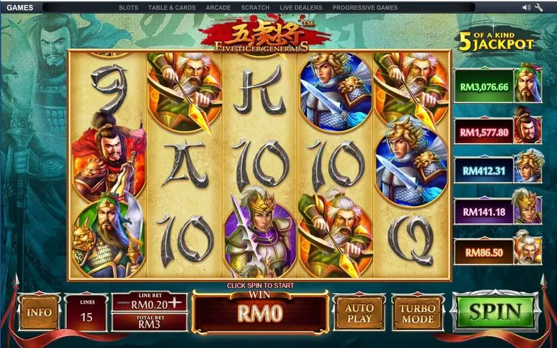 5 Tiger General reels with the tiger generals and 15 paylines