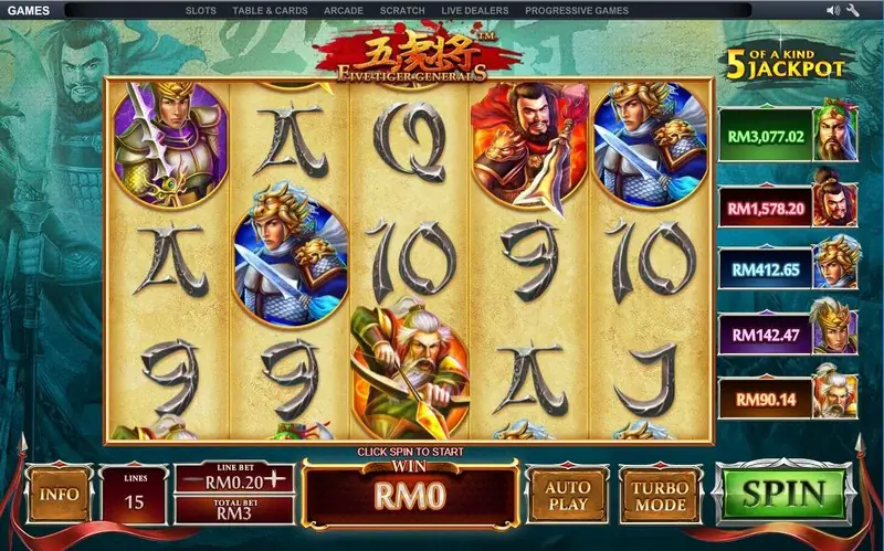 5 Tiger General jackpot display with the five prize levels
