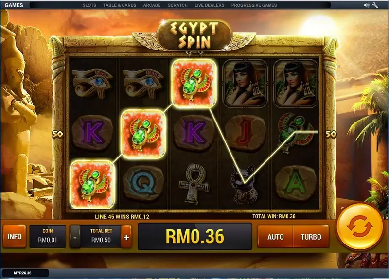 Egypt Spin slot with pyramids and Egyptian gold above the reels