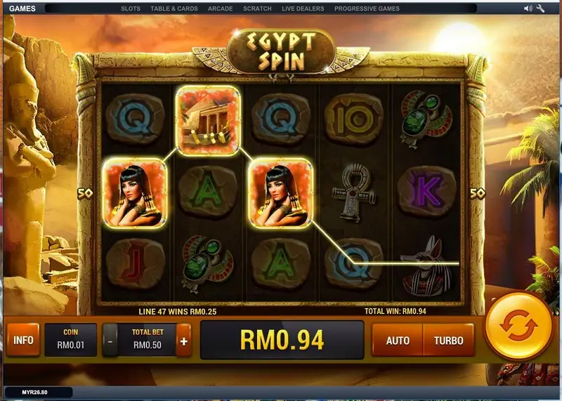 Egypt Spin reels with Egyptian symbols and a gold frame