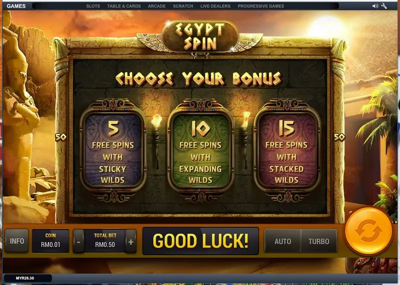 Egypt Spin main screen with bet and spin buttons